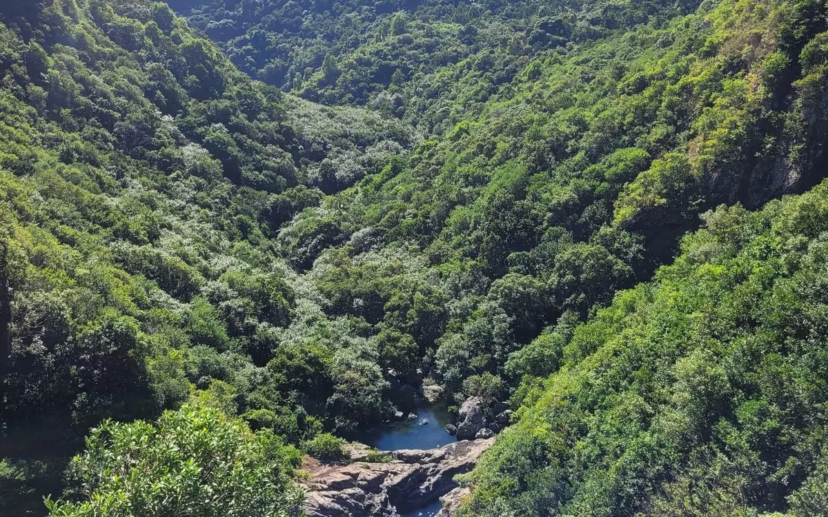 Une vallée verdoyante et boisée vue depuis le rebord, avec un bassin bleu sur la roche nue en contrebas